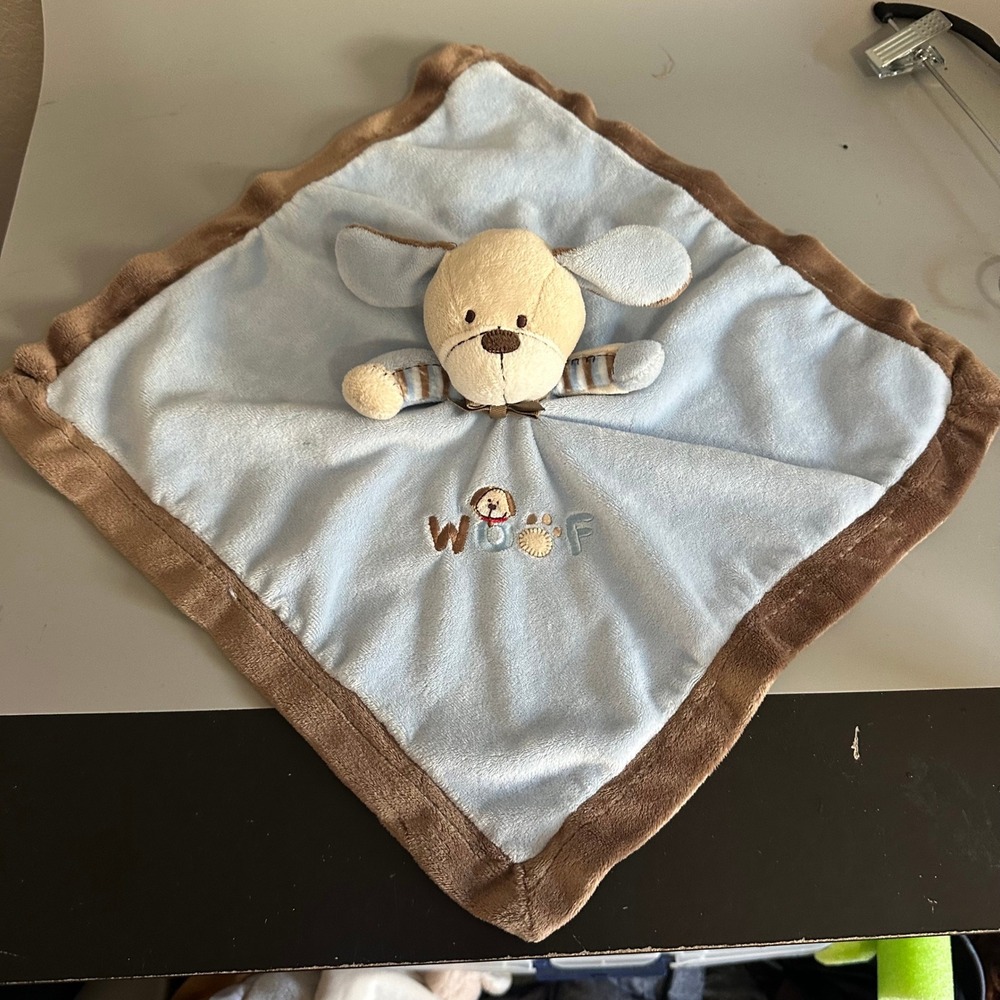 Carters Just One You Blue Puppy Dog Woof Security Blanket Lovey Satin Backed